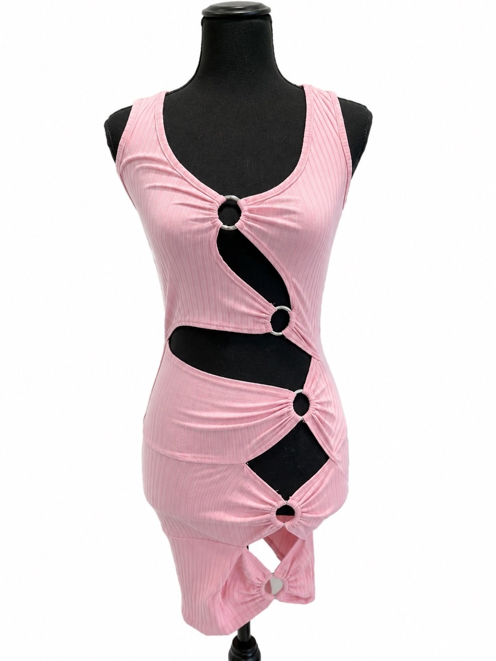 MAY PINK RIBBED DRESS WITH SILVER CUT OUT DETAIL